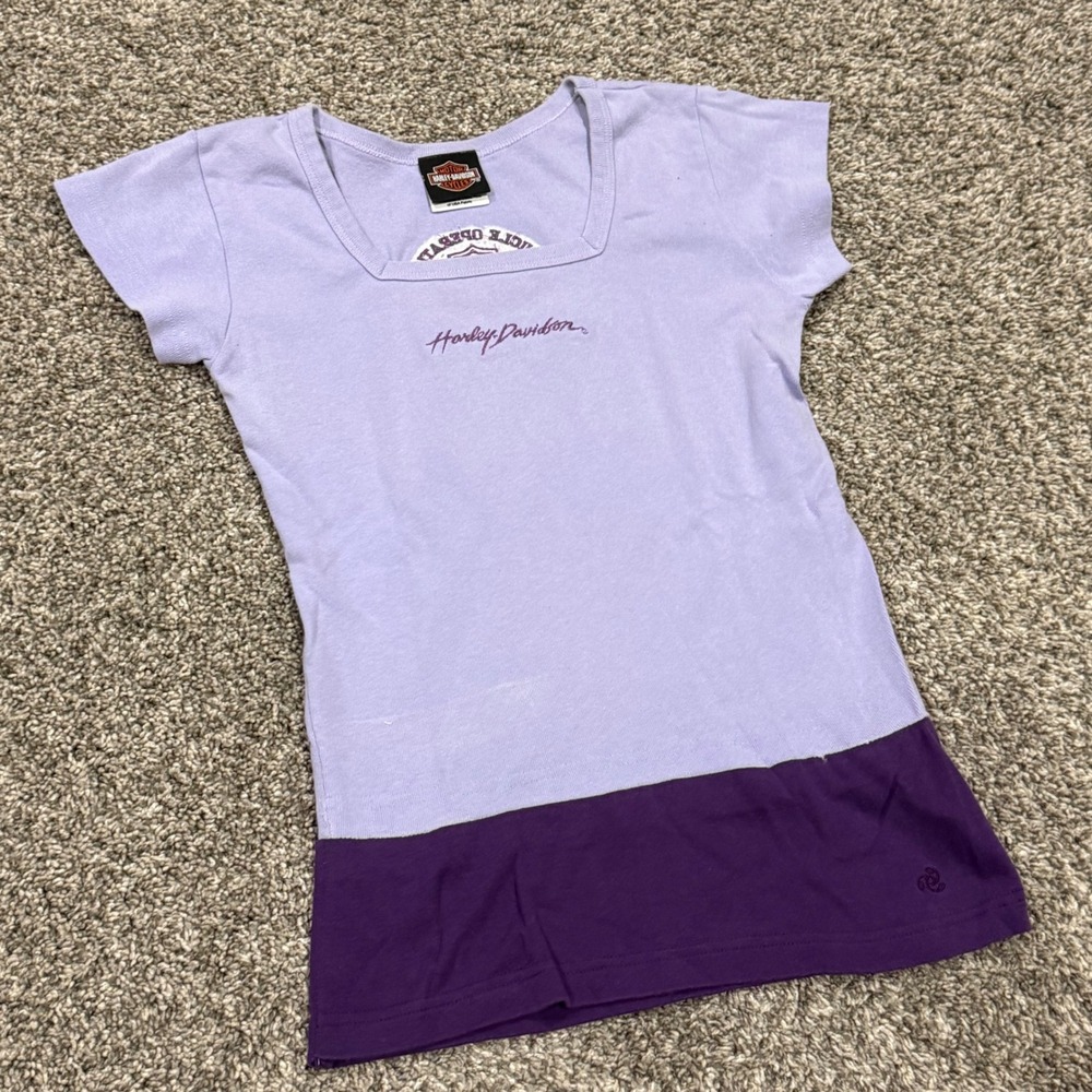 Y2K Harley Davidson Women Purple Colorblock Square Neck Ribbed Graphic Tee M